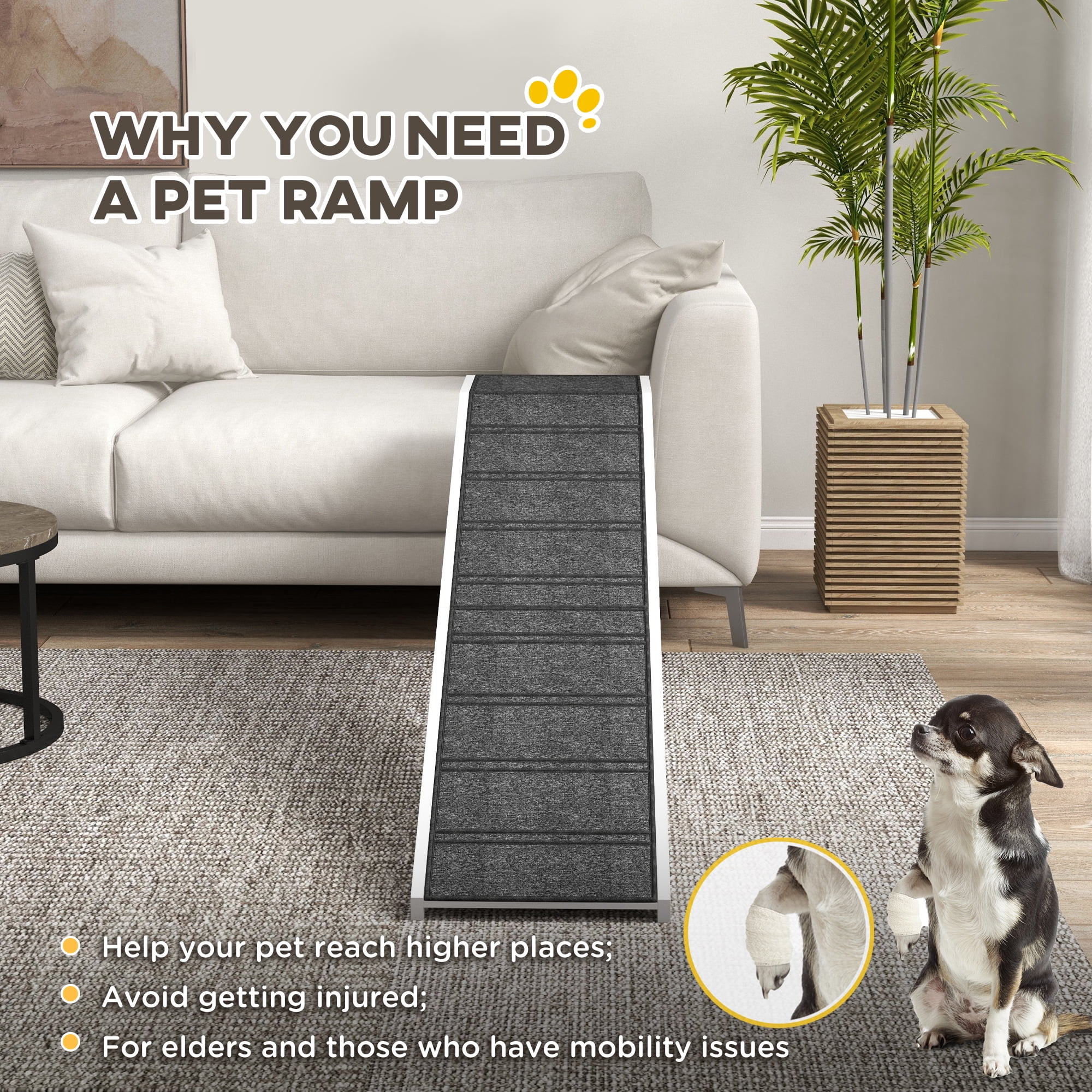 Dog Ramp for Bed, Pet Ramp for Dogs with Non-Slip Carpet and Top Platform, 74" x 16" x 25", White