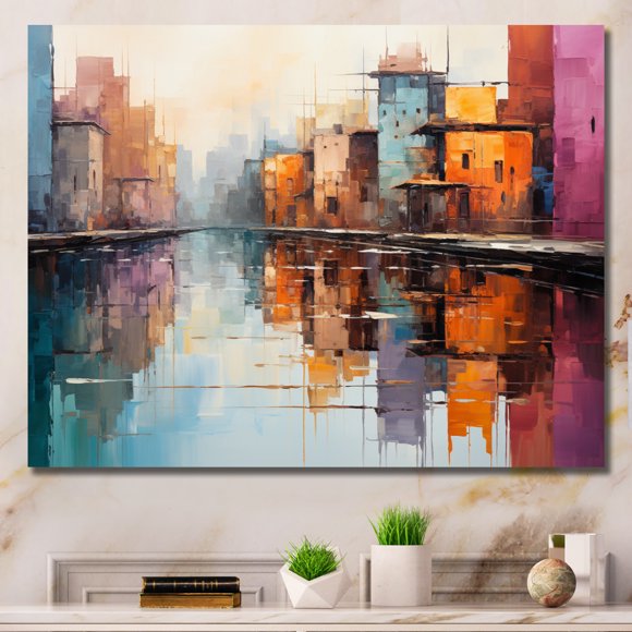 Designart Orange Traditional Canvas wall art, Canals Wall Art, Orange Canal modern Reflections Bold , canals Wall art decor, 44x34 inches