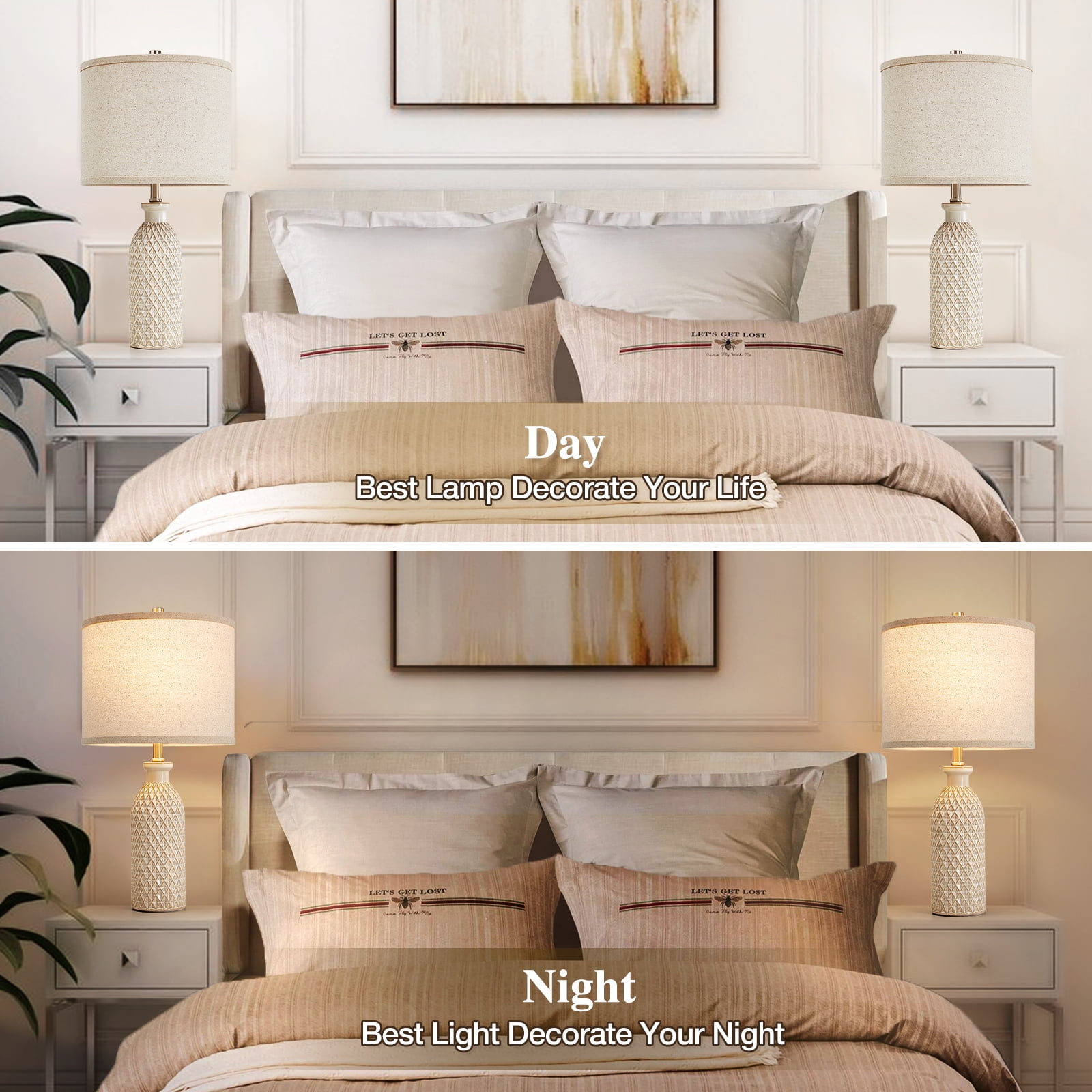 NATYSWAN Ceramic Table Lamps Set of 2, 24.8" Bedside Lamps with 3-Color Temperature, Modern Nightstand Lamp Desk Reading Lamp with Fabric Drum Shade for Bedroom, Living Room, Office, 2 Bulbs Included