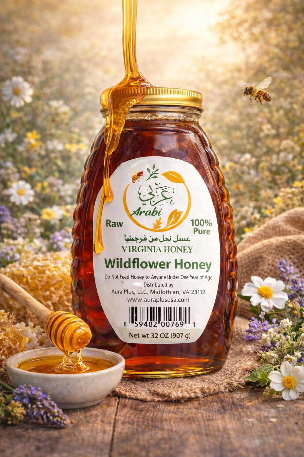 Arabi Raw Virginia Wildflower Honey 100% Pure 32 oz 907 g Natural with Rich Floral Taste Health Boosting Properties Vegan Syrup