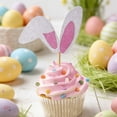 thumbnail image 1 of Pack de 12 adornos para tarta de orejas de conejito de Pascua – banderas de magdalenas de papel con purpurina, carteles de fiesta rosas y rosa fuerte, púas de madera de grado alimentario, 1 of 6