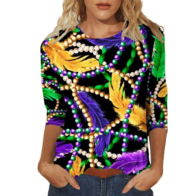 Outfmvch Chemises Mardi Gras pour Femmes, Manches 3/4 Hauts pour Femmes, Tenue Mardi Gras pour Femmes, Blouses pour Femmes, Hauts d'Entraînement pour Femmes, Tunique Graphique de Carnaval Manches 3/4 Col Rond Blouse Verte 2TG