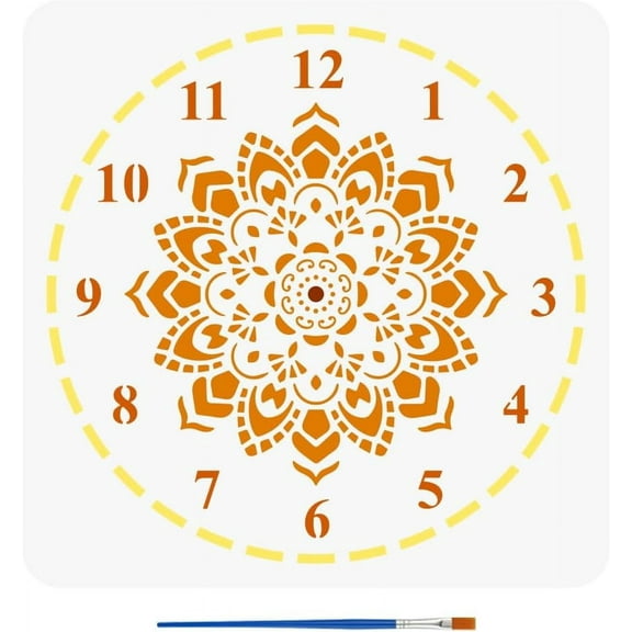 1pc Mandala Clock Face Stencil with a Paint Brush 11.8x11.8inch Brocade Clock Dial Large Stencil Mandala Flower Clock Stencil Floral Clock Theme Stencil for Wall Tiles Floor Paper Furniture