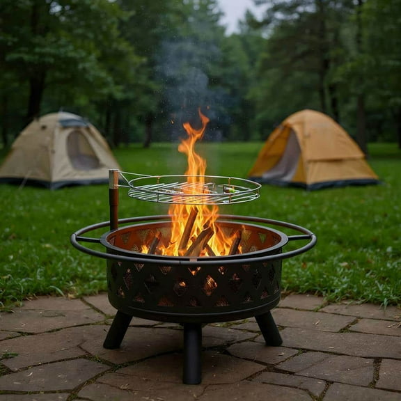 Demifill 30in Outdoor Metal Fire Pit with Cooking Grates, Wood Burning Firepit for Outdoor Camping, Black