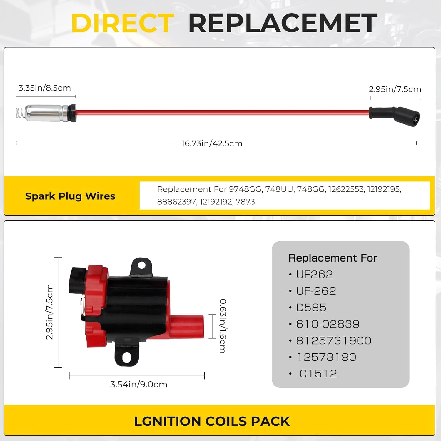8P Round Ignition Coils Kit With 748UU 8mm Spark Plug Wires Compatible With Chevy Silverado Cadillac Suburba Tahoe GMC 4.8 5.3 6.0L Replace D585 UF262 C1251 12622553 748GG 748UU 748GG