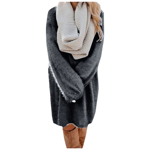 WTXUE Plus Robes Taille, Robes en Tricot à Manches Longues Coupe Trapèze Col Ras du Cou, Robe Chandail Tendance Manches Robe Chandail Robes Unies Vestidos Mi-Longues pour Femmes Grande Taille, Gris Taille g(US:6)
