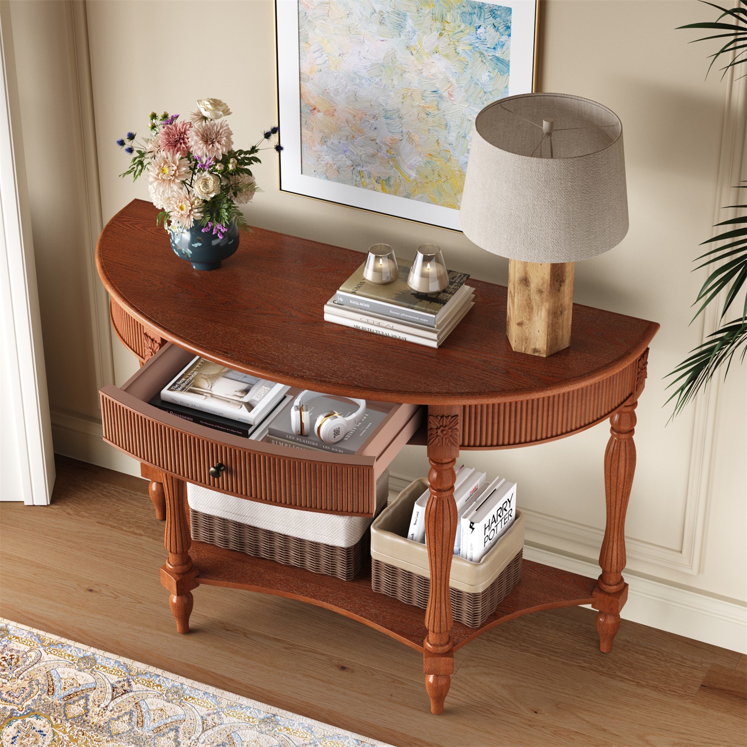 Hommoo Solid Wood Half Moon Console Table with Drawer & Open Shelf, Fluted Vintage Entryway Table for Hallway, Foyer, Living Room or Behind Sofa, Farmhouse Accent Table, Walnut
