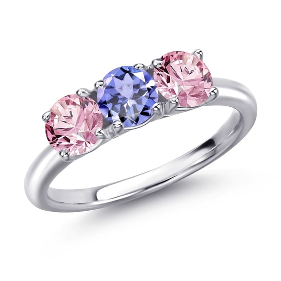 Gem Stone King 925 Sterling Silver Blue Tanzanite and Pink Lab Grown Diamond Engagement Ring for Women | 1.46 Cttw | Round 5MM | Gemstone December Birthstone | Size 7