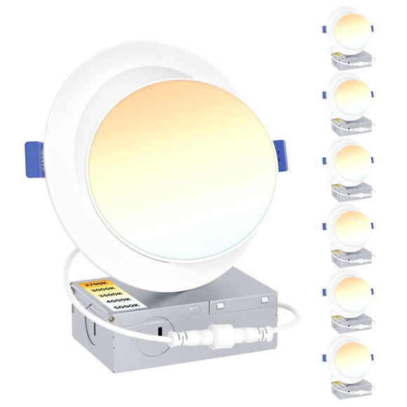 Ensenior Lot de 6 Lumières Led Gimbal Encastrées de 6 Pouces, 90 Pieds Rotatives et 5CCT Sélectionnables, Lumières Encastrées Dimmables en Forme d'Il, Bas de Plafond Inclinables et Ajustables
