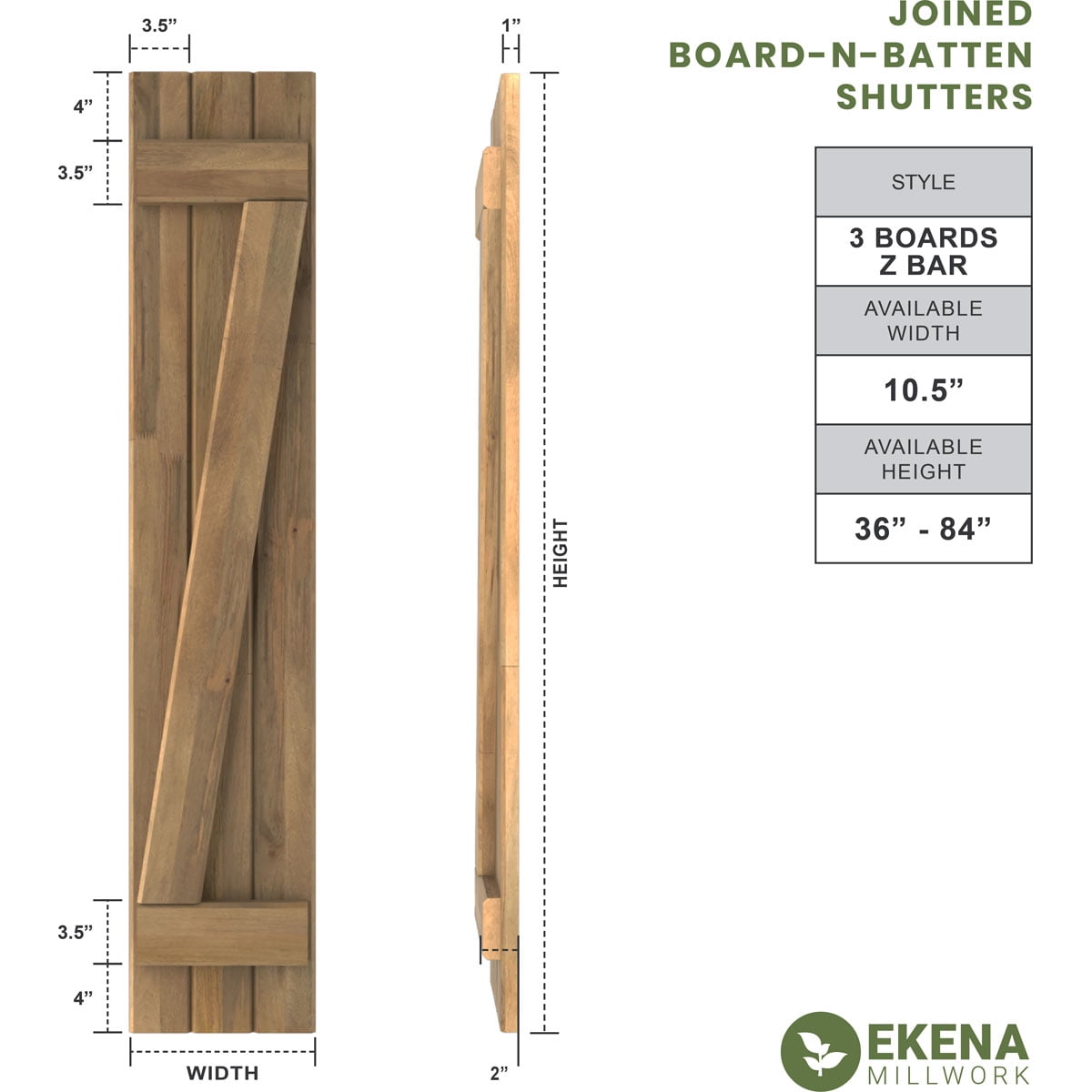 Ekena Millwork 10 1/2"W x 59"H Americraft Three Board (2 Batten) Exterior Real Wood Joined Board-n-Batten Shutters w/ Z-Bar (Per Pair), Antigua