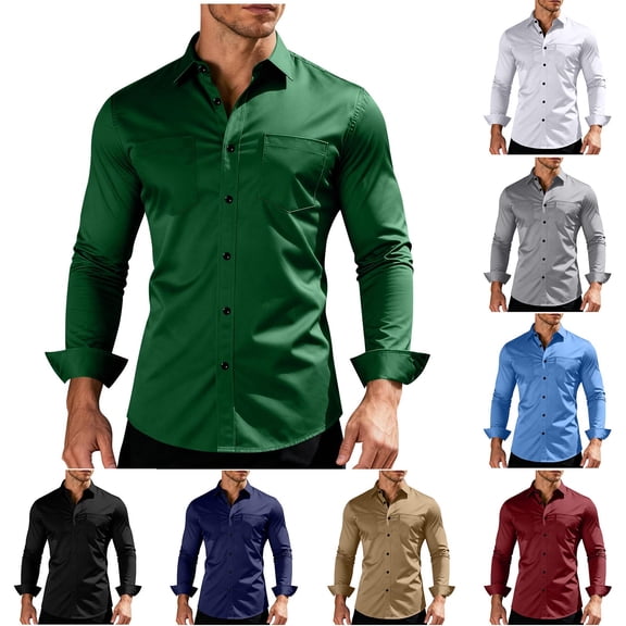 HomeDM Men's Button Down Dress Shirts, Long Sleeve Slim Fit Work Shirt with Pocket, Solid Color, Green