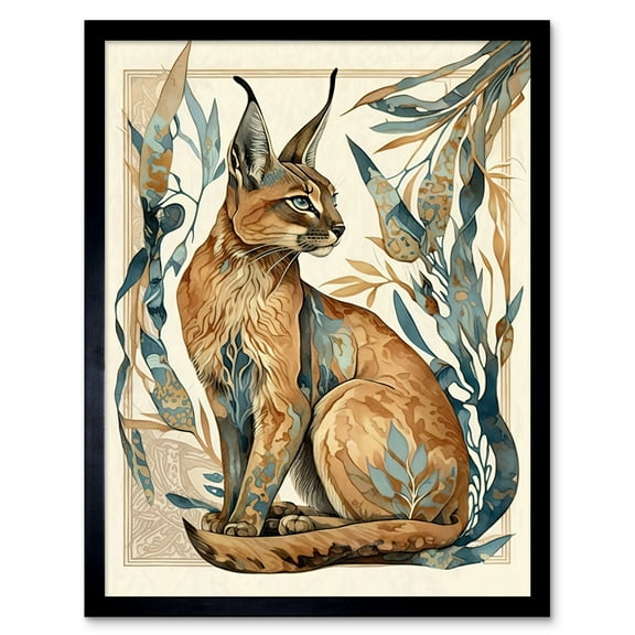 Caracal Cat with Teal Plants Modern Art Nouveau Watercolour Illustration Art Print Framed Poster Wall Decor 12x16 inch
