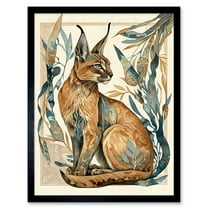 Caracal Cat with Teal Plants Modern Art Nouveau Watercolour Illustration Art Print Framed Poster Wall Decor 12x16 inch