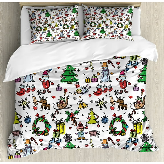 Cartoon Duvet Cover Set, Christmas Concepts Drawn in Style Santa Snowman Presents Mistletoe, Decorative 3 Piece Bedding Set with 2 Pillow Shams, Calking Size, Multicolor, by Ambesonne