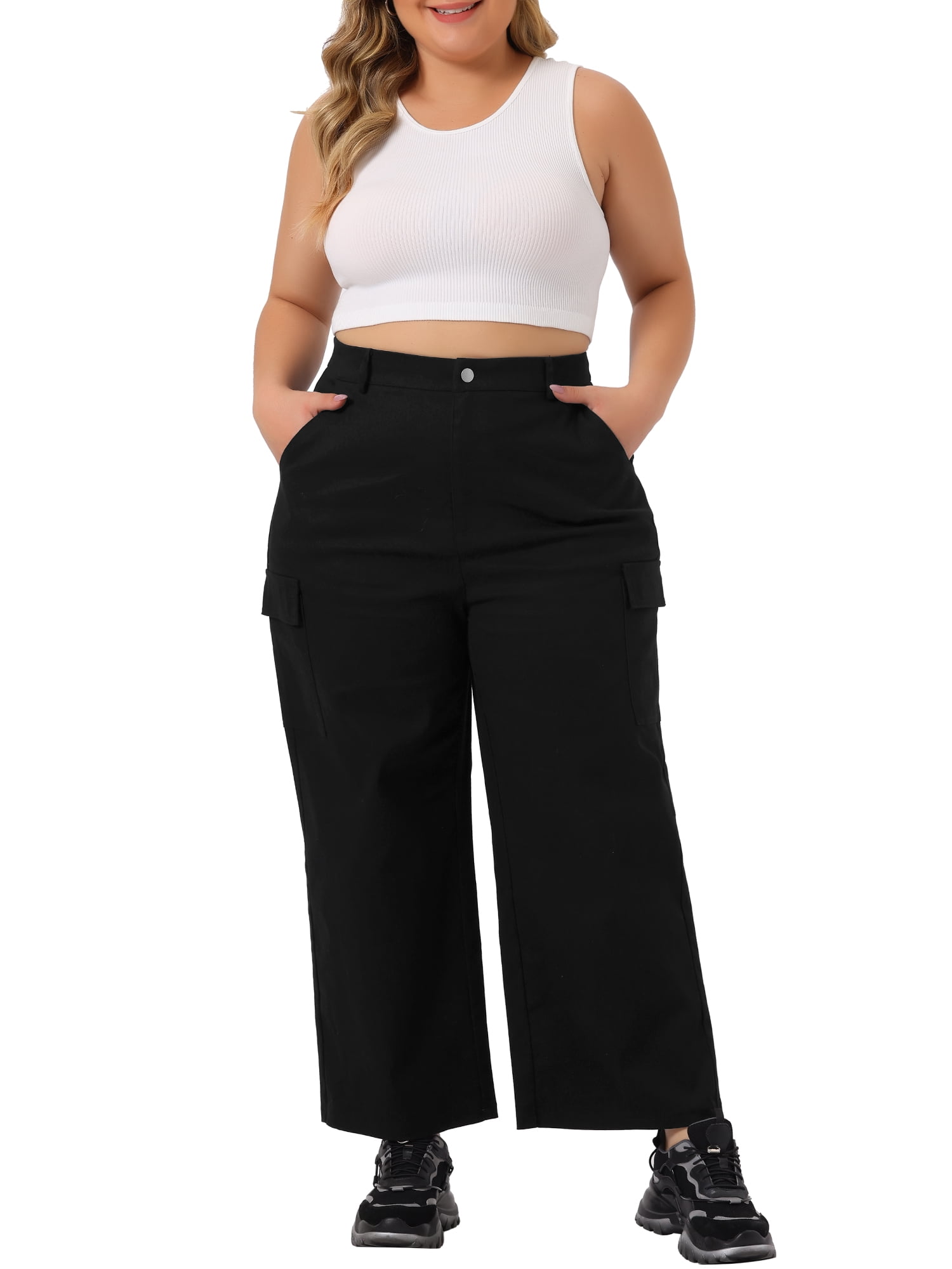 Unique Bargains Women's Plus Size Cargo Pants Drawstring Elastic Waist Pockets Trousers 1X Black