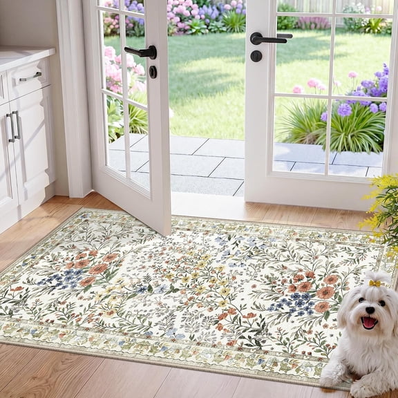 RLESO Washable Kitchen Runner Rug 2X4: Vintage Floral Rug for Laundry Room Entryway - Machine Washable Non Slip Low Pile Carpet - Soft Foldable Runner for High Traffic Areas - 2'X4' Beige