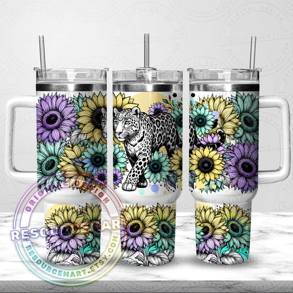 Star Mug Leopard & Sunflower 40Oz Tumbler Wrap Design, 40 Ounce Stanley Cup, Stanley Press, 40 Oz Handle Pastel Summer Line Art - Tumbler With Handle, To-Go Coffee Mug