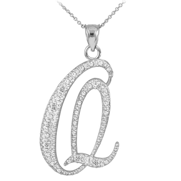 14K WHITE GOLD LETTER SCRIPT "Q" DIAMOND INITIAL PENDANT NECKLACE :  Pendant with 22" chain