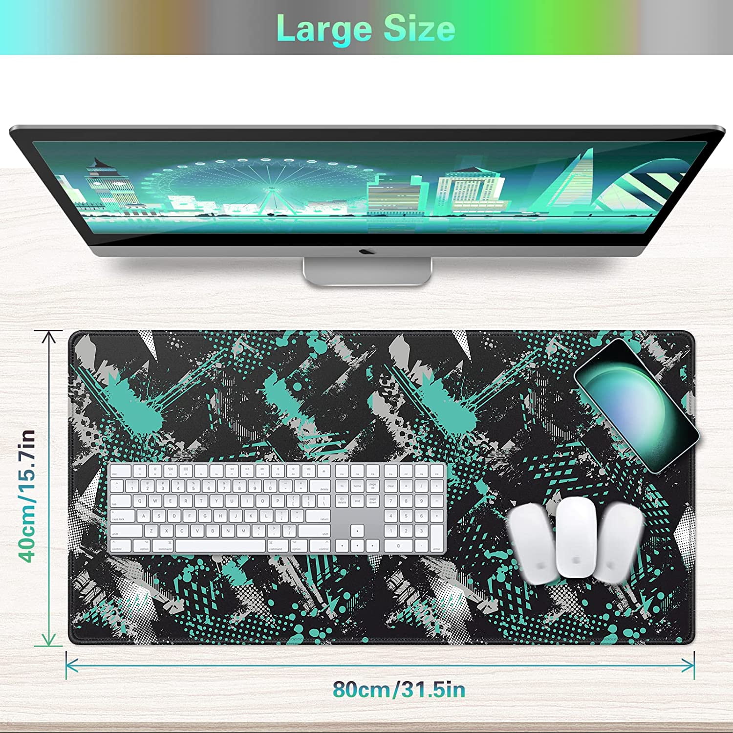 Gaming Mouse Pad, Extended Mouse Pad 31.5x15.7inch XXL Large Big Computer Keyboard Mouse Mat Desk Pad with Non-Slip Base and Stitched Edge for Home Office Gaming Work (Green Geometric)