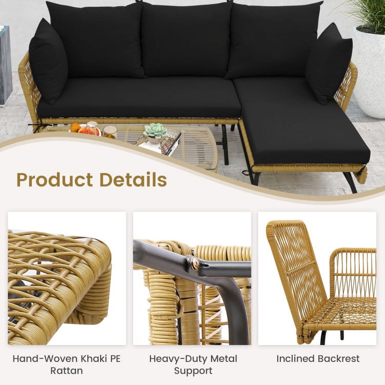 Aimee Lii 3 Pieces L-Shaped Patio Sofa with Cushions and Tempered Glass Table, Outdoor Patio Set, Black Aimee Lii 3 Pieces L-Shaped Patio Sofa with Cushions and Tempered Glass Table, Outdoor Patio Set, Black