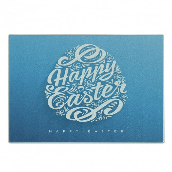 Easter Cutting Board, Blooming Sketch Flowers Swirls Hand Lettering Celebration Pattern, Decorative Tempered Glass Cutting and Serving Board, Small Size, Azure Blue White, by Ambesonne