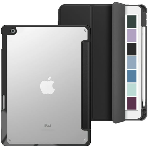 iPad 9th 2021 8th 2020 7th 2019 Gen [iPad 9 iPad 8 iPad 7 ] 10.2 Inch A2602 A2270 A2197 MK663LL/A MK673LL/A MYN62LL/A MW6Y2LL/A Rugged Shell TPU Corner PC Transparent Back Case Pencil Holder - Black