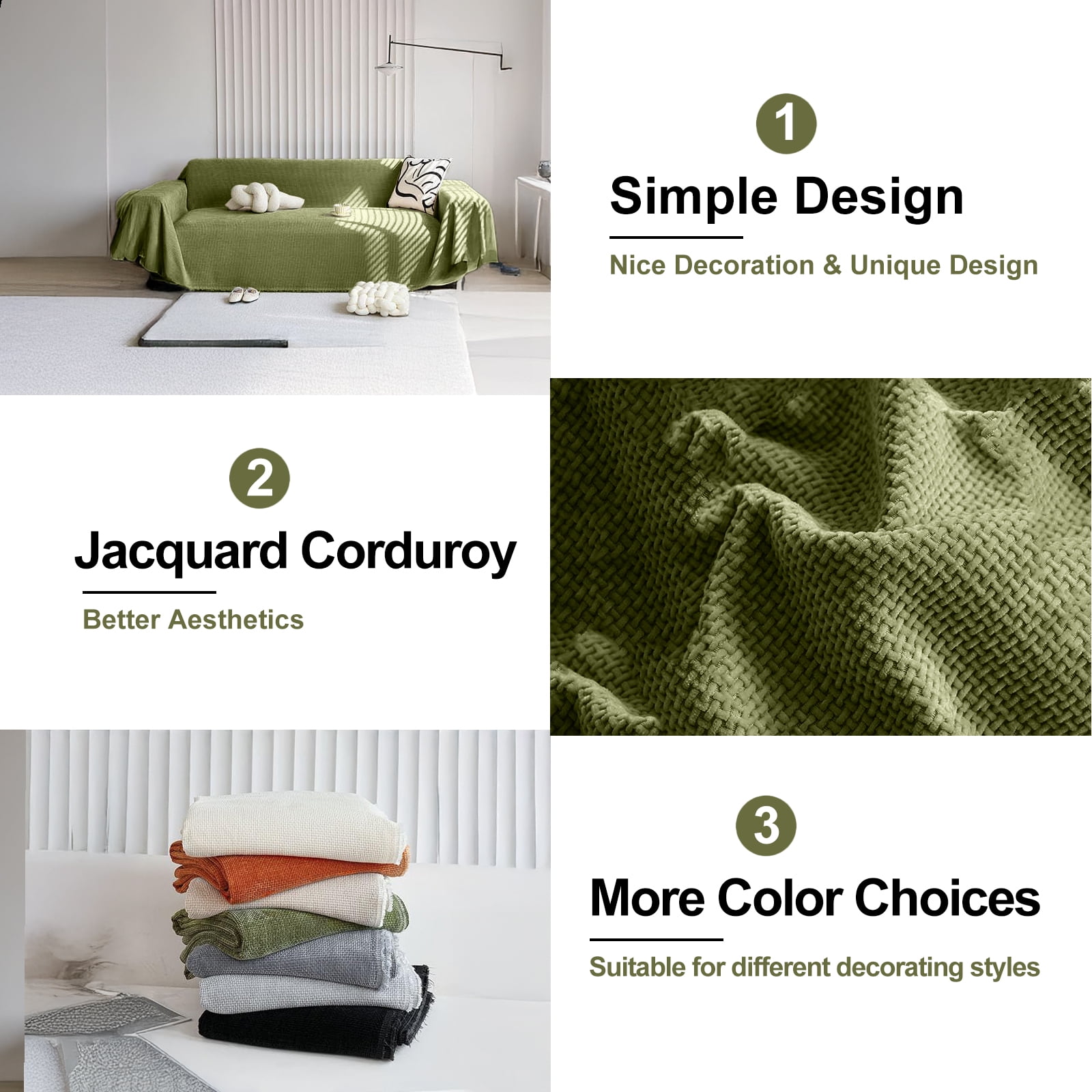 SANMADROLA Sofa Cover Green Chenille Couch Covers, Corduroy Jacquard Non Slip Couch Sofa Cover, Love Seat Couch Covers for 2 Cushion Couch, Furniture Protector for Dogs, Pets, 71"x118"