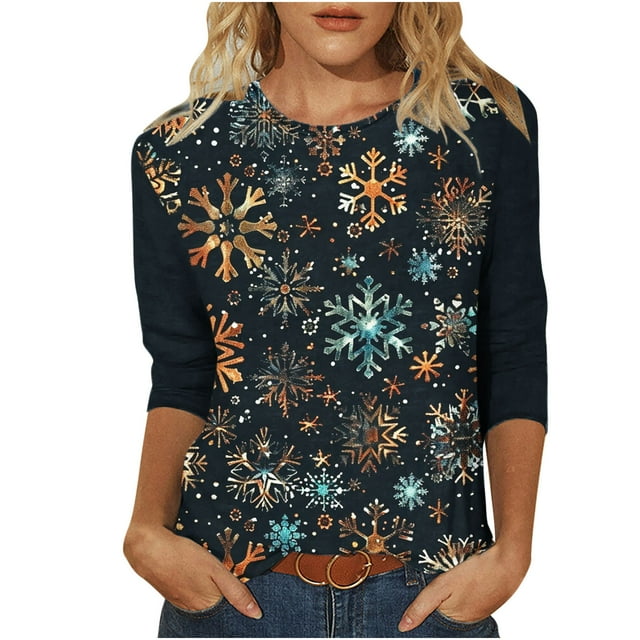 Liquidation Staron Hauts de Noël pour Femmes Manches 3/4 Chemisiers à Imprimé d'Arbre de Noël Col Rond Vacances de Noël Ample Décontracté Chandail Confortable Mignon T-Shirts Noir XXXXXL