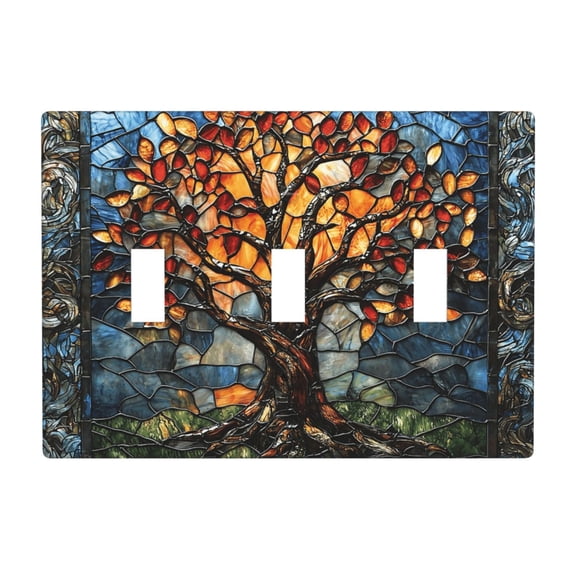 Trees Stained Glass Art 3 Gang Light Switch Cover Decorative Triple Toggle Wall Plate for Kitchen Bedroom Bathroom Living Room Decor