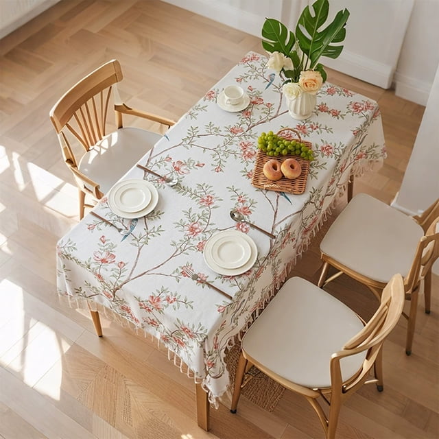 QTOCIO Tassel Floral And Birds Print Tablecloth Imitation Linen Rectangular Table And Coffee Table Cover Dirt-proof Tablecloth Suitable For Dining Table Decoration