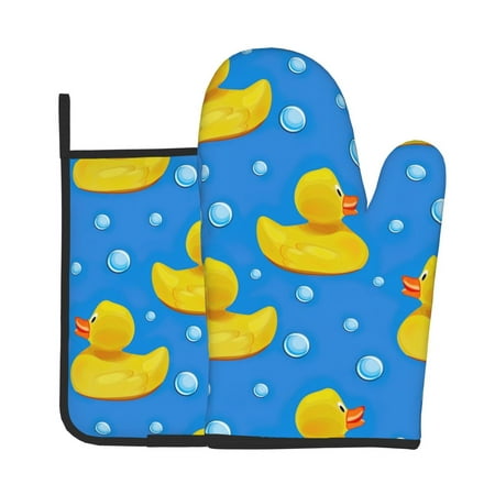 

Oven Mitts And Pot Holders 2 Pcs Set High Heat Resistant Degree Extra Thicken Long Kitchen Oven Glove For Kitchen Baking Grilling Non-Slip Cooking Mitts Cute Yellow Rubber Ducks Ducklings Soap
