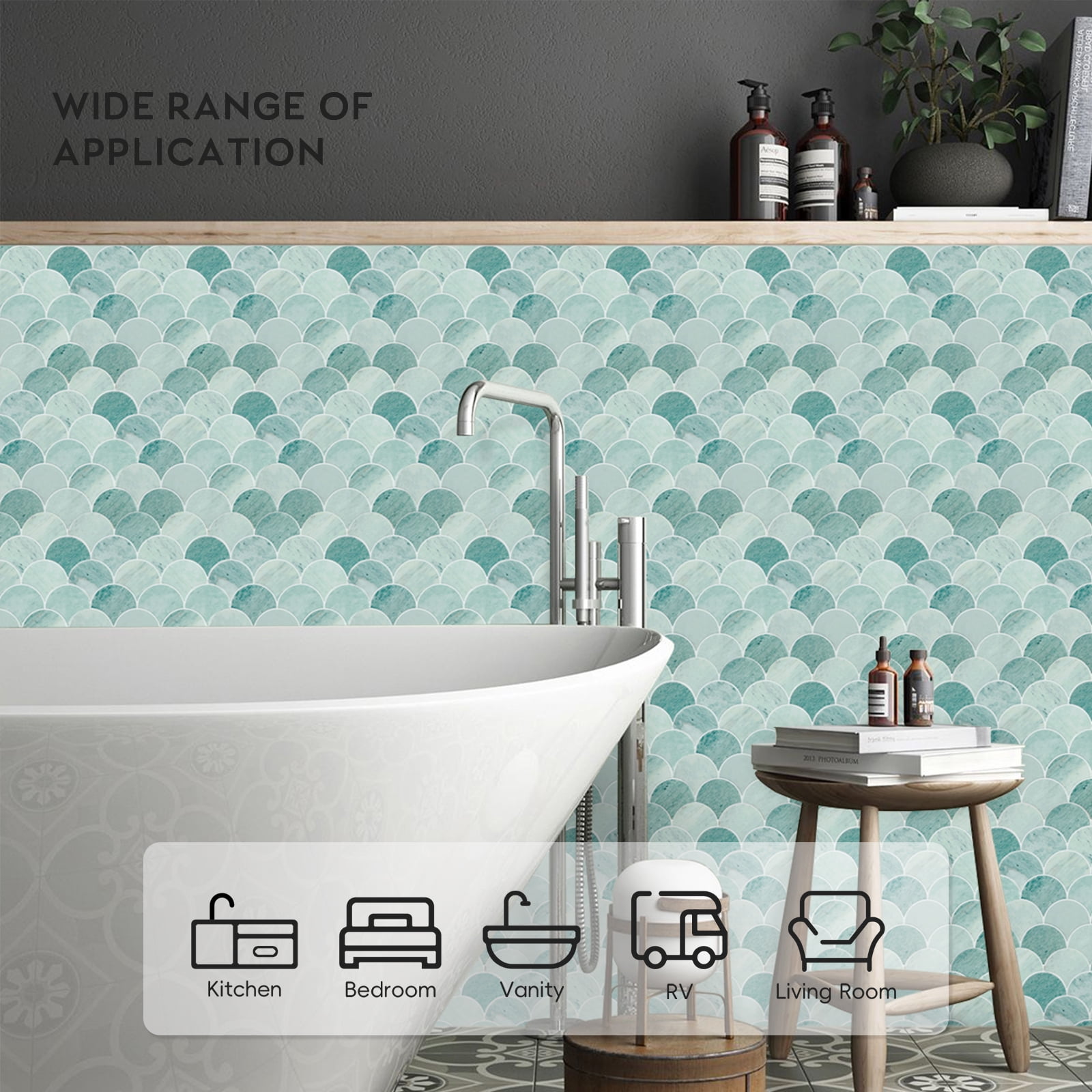 Peel and Stick Backsplash Fish Scale Tile, Removable Renter Friendly Backsplash 3D Adhesive Stick on Wall Tiles for Kitchen Bathroom (10 Sheets, Marble Green)