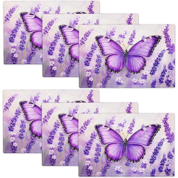 Butterfly Lavender Summer Placemats Set of 6, 12x18 Inch Spring Table Place Mat Country Washable Non-Slip Heat Resistant Fabric Placement Mats for Dining Kitchen Indoor Outdoor Decor