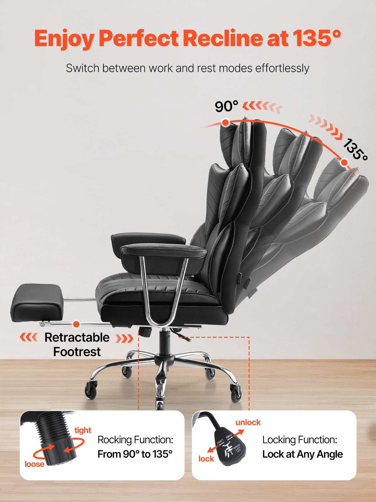KFFKFF Managerial Office Seating, Tall Backrest Chair with Retractable Footrest and Detachable Armrests, Comfortable Workstation Chair , PU Leather Revolving Mobility Chair, Black