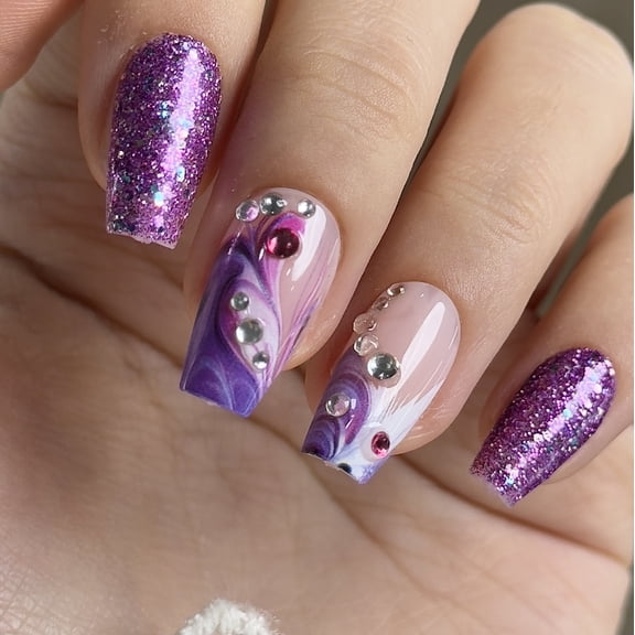 CurvLife Violet Sparkle Press-On Nails - 30PCS Medium Stiletto, Floral Design with Sequins