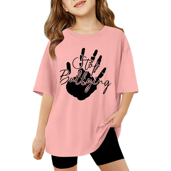 Suilloe Toddler Girls T-Shirts Anti Bullying Printed Short Sleeve Dropped Shoulder Tee Kids Girls Casual Lightweight Breathable T-Shirts，7 -8 Years