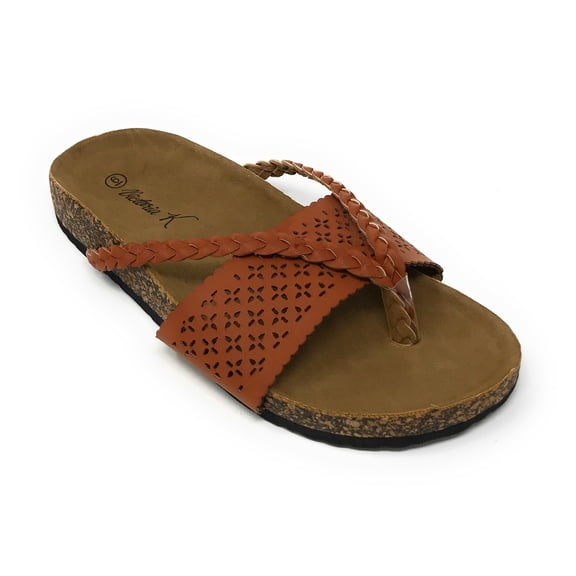 Victoria K Women's Laser Cut Out With Braided Thong Cork Sandals
