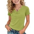 thumbnail image 3 of Ugoldhm Girls' V-Neck Short Sleeve T-shirt Slim-Fit Basic Style Blouse Pleated Chest Cotton Top, 3 of 8
