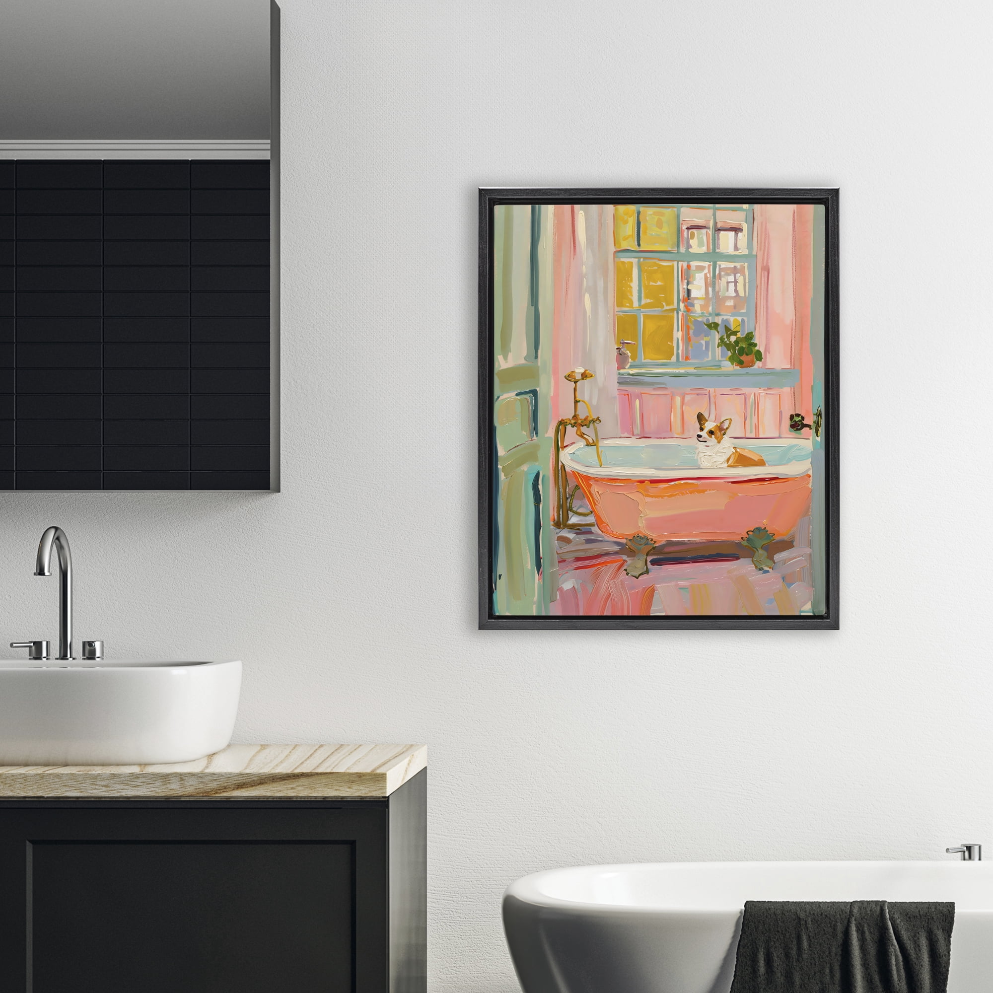 Stupell Industries Corgi in Bathtub Black Framed Floater Canvas Wall Art, design by The Prints Vibe