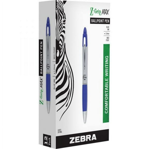 Zebra Z-Grip MAX Ballpoint Pen, Retractable, Medium 1 mm, Blue Ink, Silver Barrel, 12/Pack