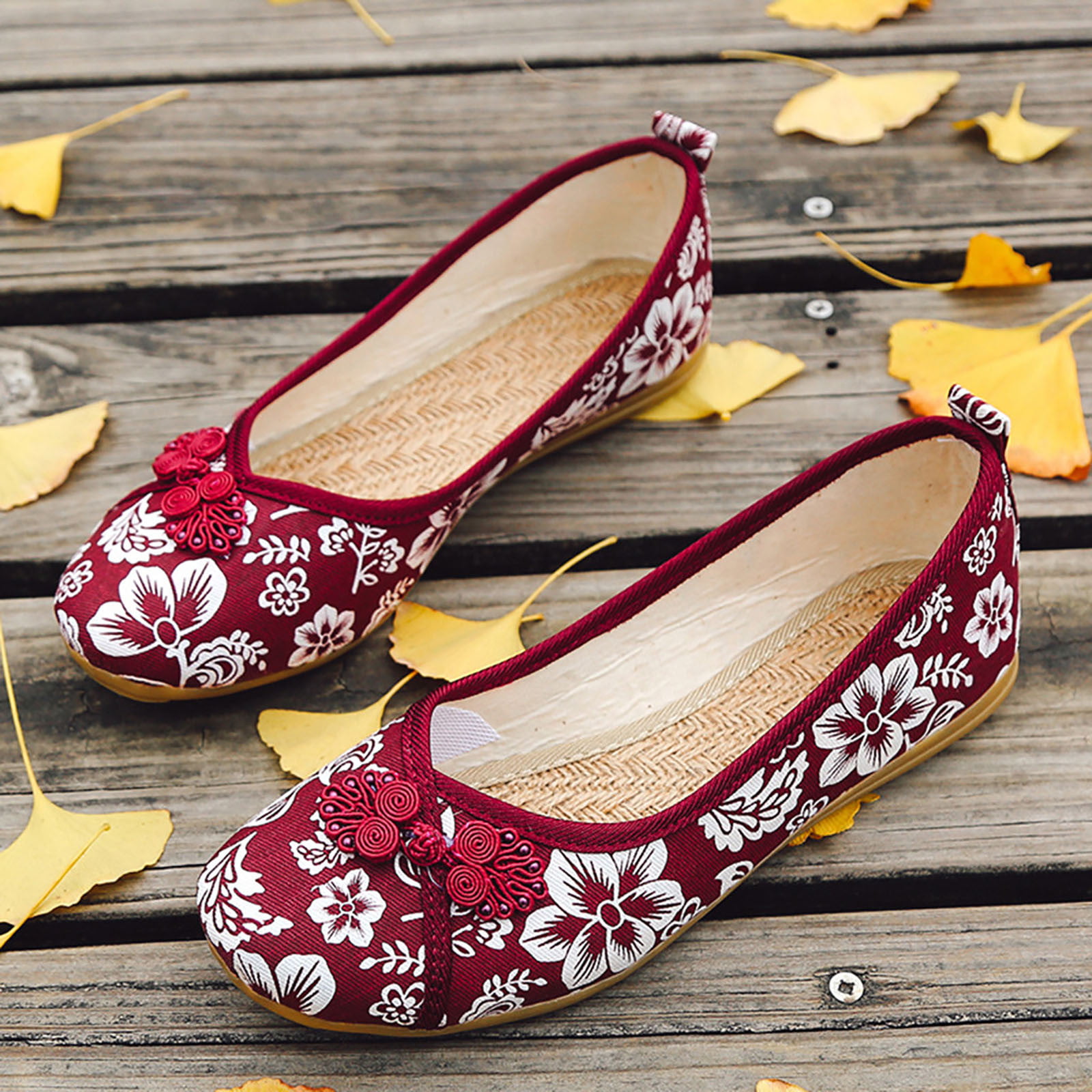 Floral Print Button Decor Ballet Flats For Women Slip On Shallow Mouth  Simple Single Shoes Casual Shoes Work Shoes Red 6.5(37)
