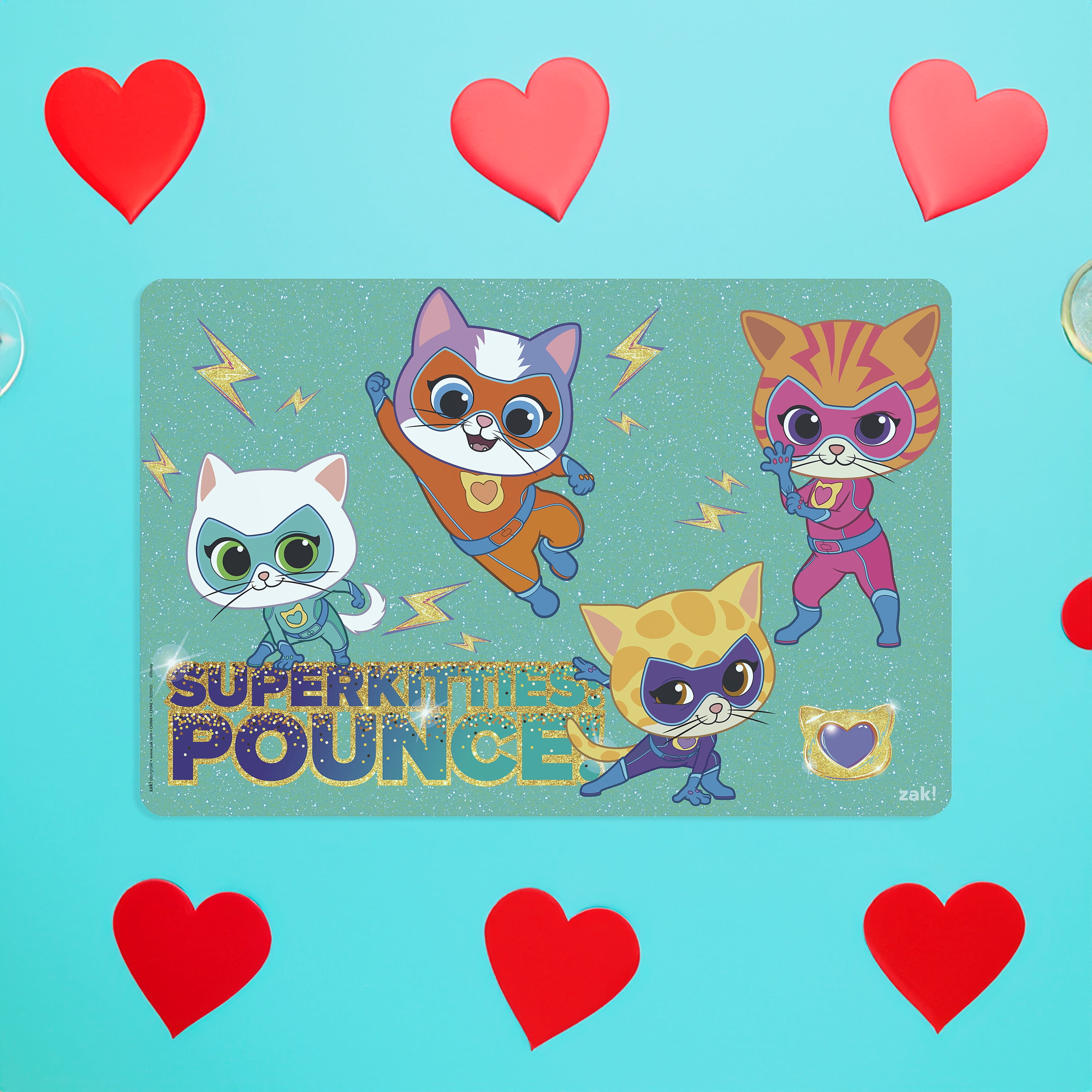 (4 pack) Zak Designs 11.8" x 17.6" Super Kitties Reusable Kids Plastic Placemat, Disney Junior Super Kitties