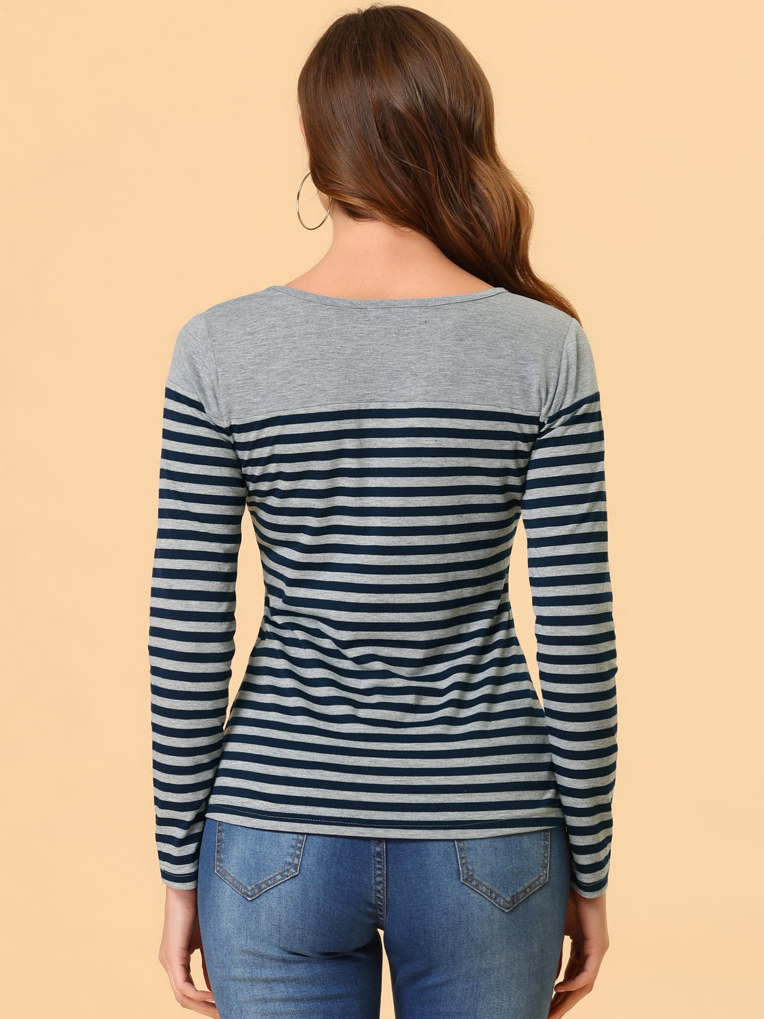 DARING DIVA Women's Color Block Striped Knit Top Long Sleeves T-Shirt M Gray Blue