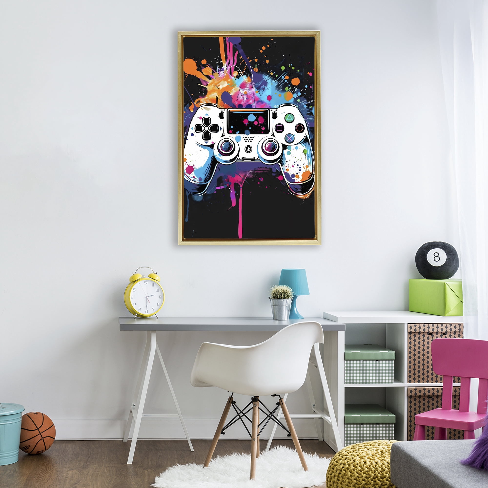 Stupell Industries Controller Contrast with Neon Splatter Gold Framed Floater Canvas Wall Art, design by Creative Studio
