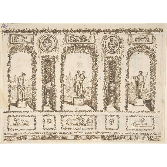 Design for a Wall Decoration of a Conservatory or Grotto with Statues and Vases in Niches Poster Print by Anonymous, Italian, 19th century (18 x 24)