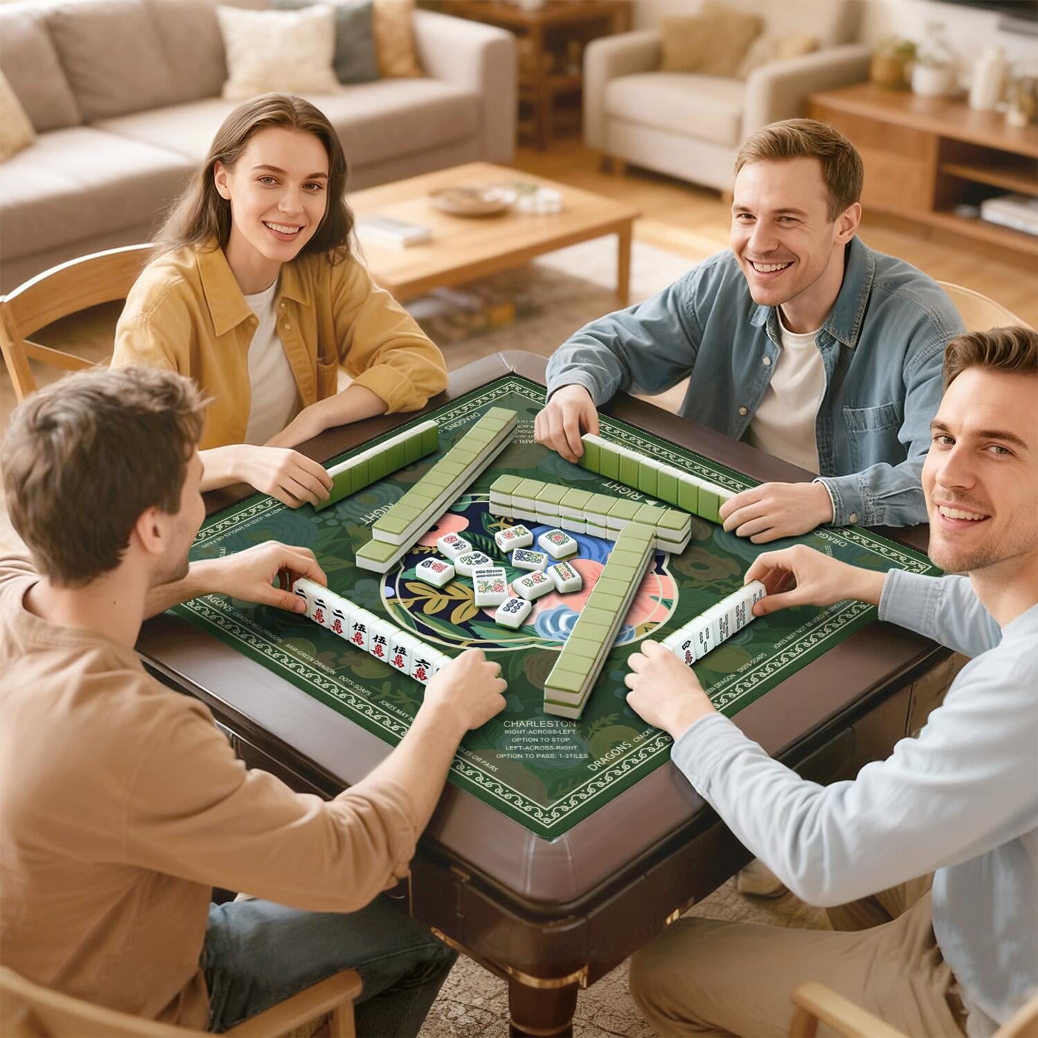 Floral Mahjong Mat with Rules, 31.5*31.5in Anti Slip American Mahjong Mat for Table, Noise Reduction, Neoprene Mah jongg Mats with Carrying Bag & 3 Dices, Mahjong Supplies Gift, Board Tile Games Mats