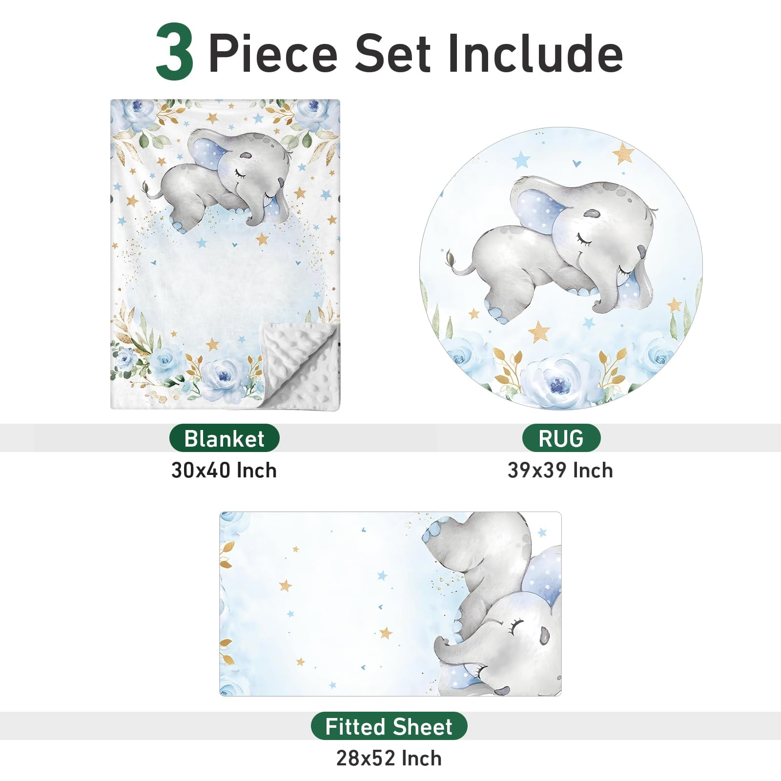 Gresahom Baby Crib Bedding Set - Blue Elephant Nursery Bed 3 Pcs Set - Chic Soft Blanket with Double Layer Dotted Backing, Fitted Sheet, Room Rug for Newborns Boys Girls Shower Gift(60"x80")