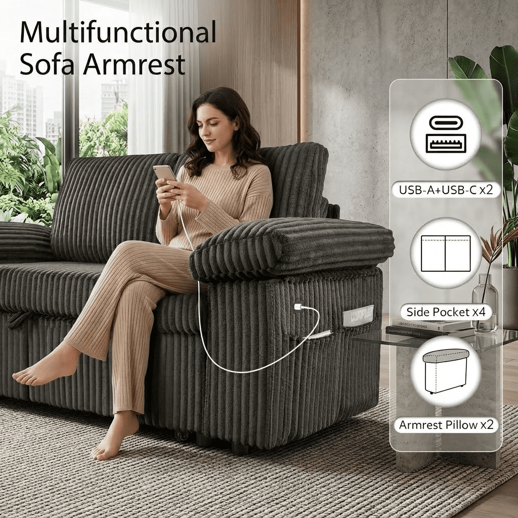 EPOWP 81" Modular Sectional Sleeper Sofa, L Shaped 5-Seater Couch with Pull Out Bed, Large Storage Chaise, USB Charging Ports & Adjustable Backrest, Corduroy Sofa Bed for Living Room,Dark Grey
