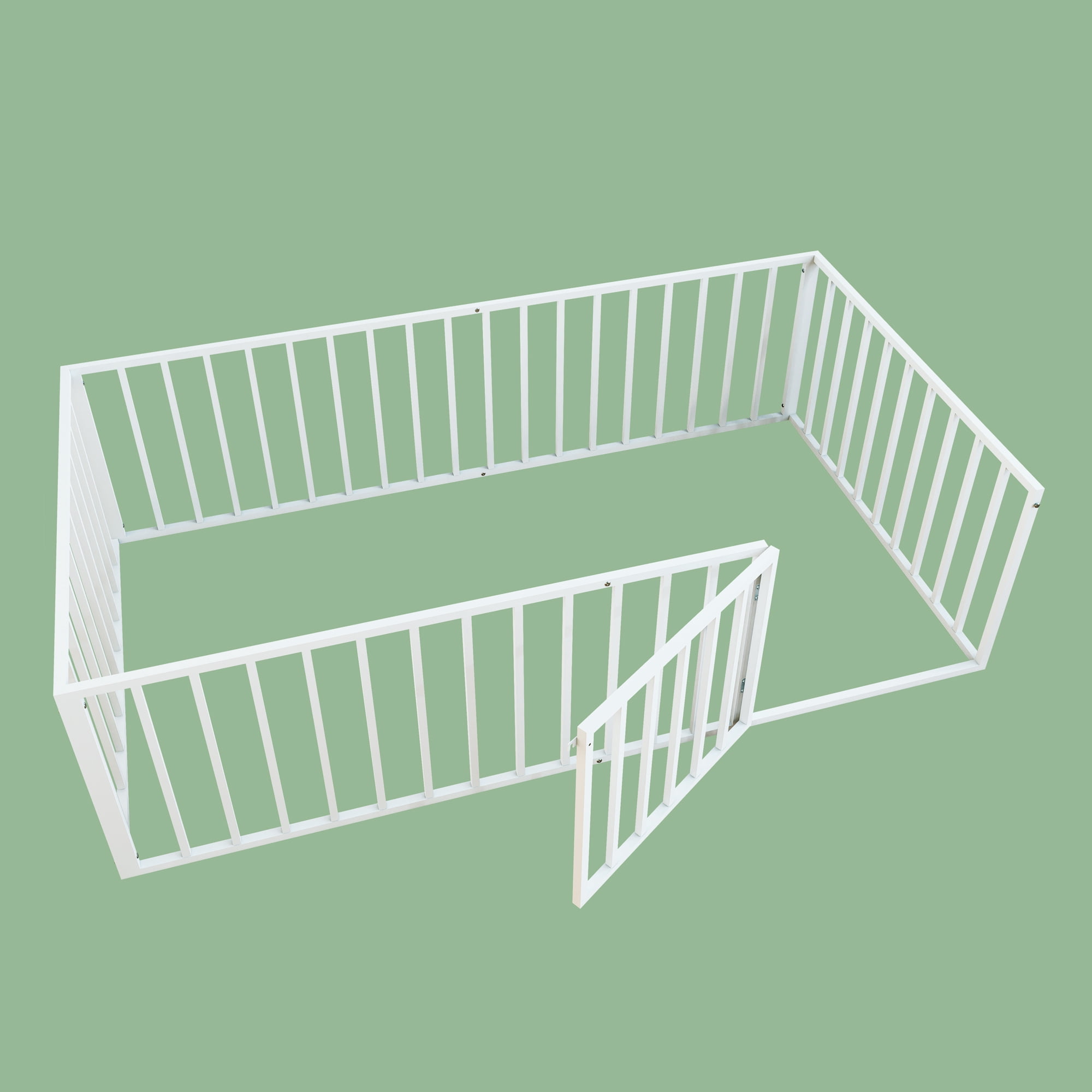 Leumius Twin Size Montessori Floor Bed with Door and Guardrails,Low Profile Montessori Bed with Fence, Easy Assemble Floor Bed for Kids, Girls and Boys,White