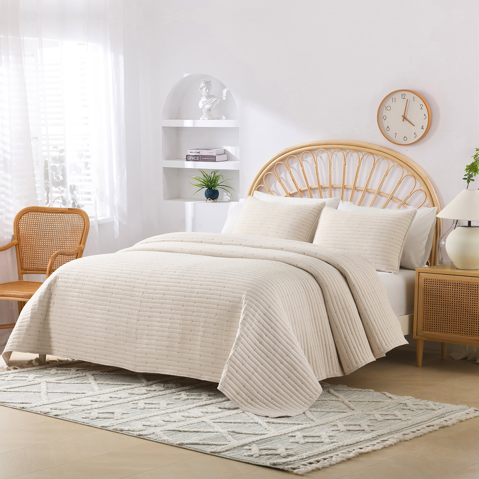3-Piece Queen Size Quilt Set, GREAGLE Soft Lightweight Quilt for Queen Bed, Wabi Sabi Style Alternative Down Cotton Warmer Comforter /Bedspread /Bedding Set with Pillow Shams, 90 x 90 inch, Beige